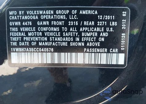 2012 Volkswagen Passat 2.5L Se z USA, uszkodzony, nr VIN 1VWBH7A35CC040576